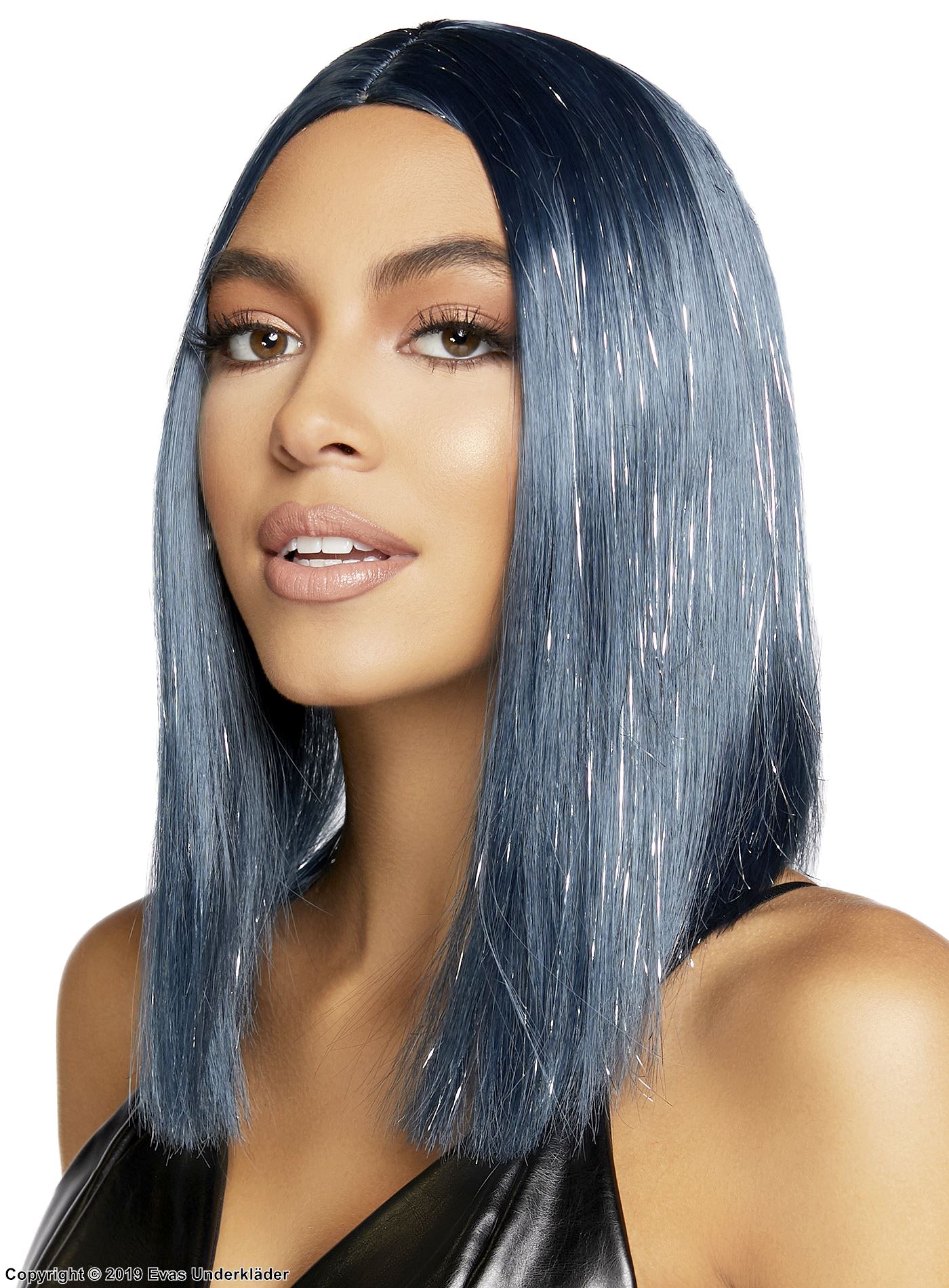 Short wig, tinsel, straight hair, center part, inverted cut
